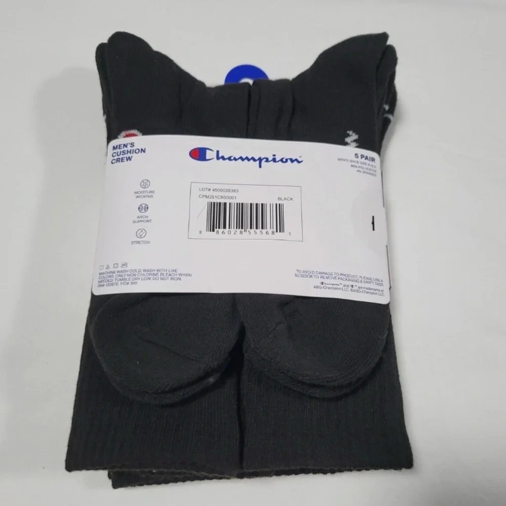 NEW Champion Men’s Performance Cushioned Crew Socks 5 pairs black size 6-12